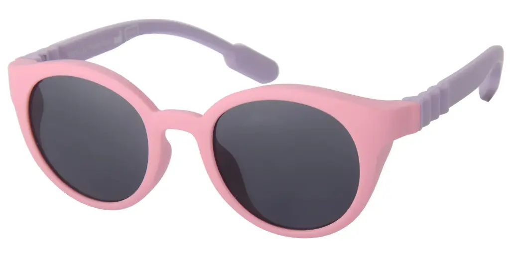 Solbrille med pink front samt lilla stænger og sorte glas