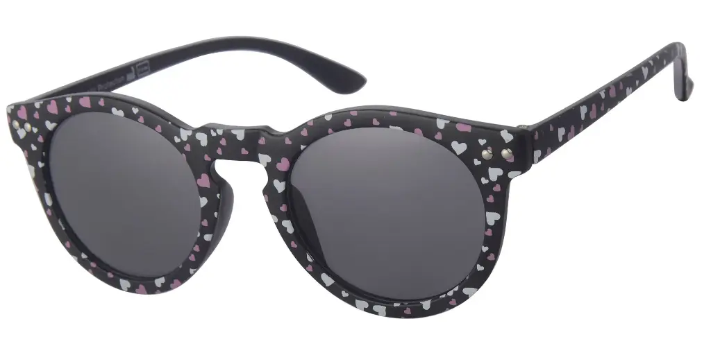 Solbrille sort med printede hjerter og sorte glas