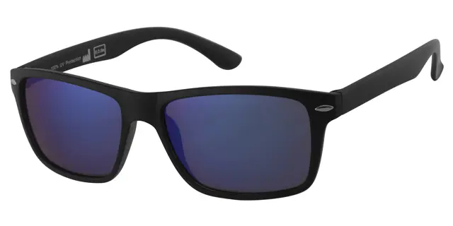 Solbrille mat sort med sølv deco samt sorte glas is blå front