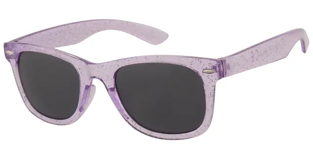 Solbrille lavendelfarvet med glimmer og sølv dekoration samt sorte Glas 