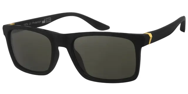 Solbrille mat sort gummi overflade og guld dekoration samt grønne glas